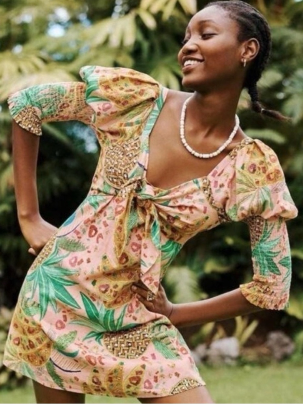 Farm Rio sz S Pineapple Tie-Front Mini Dress - Pink & Green - Picture 3 of 6